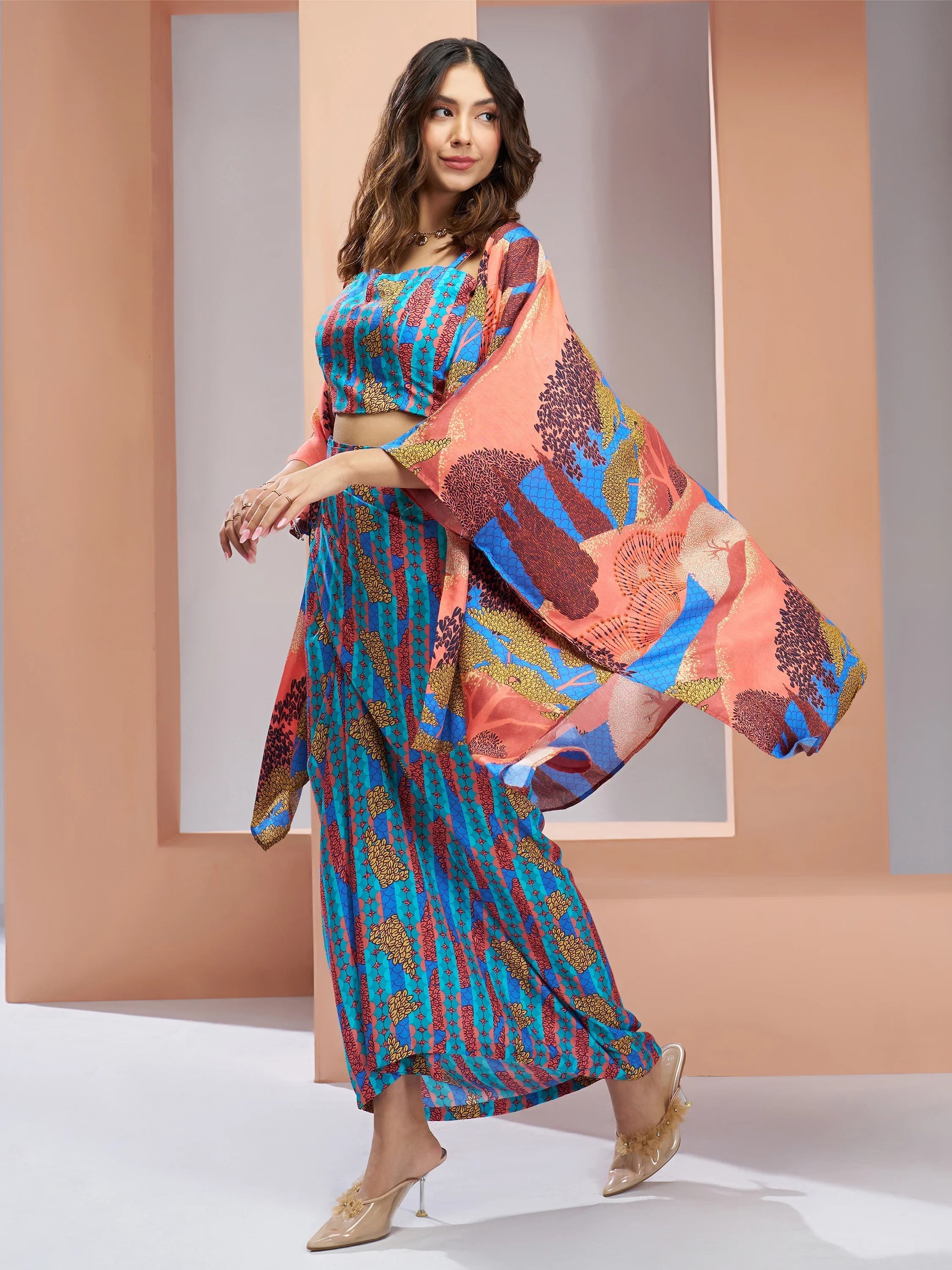 Aqua Blue Digital Printed Silk Party Wear Co-Ord Set