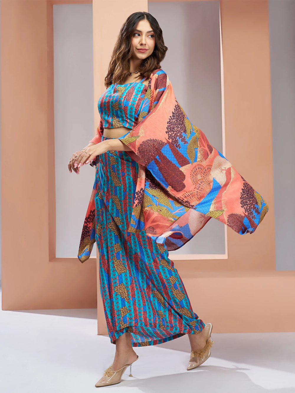Aqua Blue Digital Printed Silk Party Wear Co-Ord Set