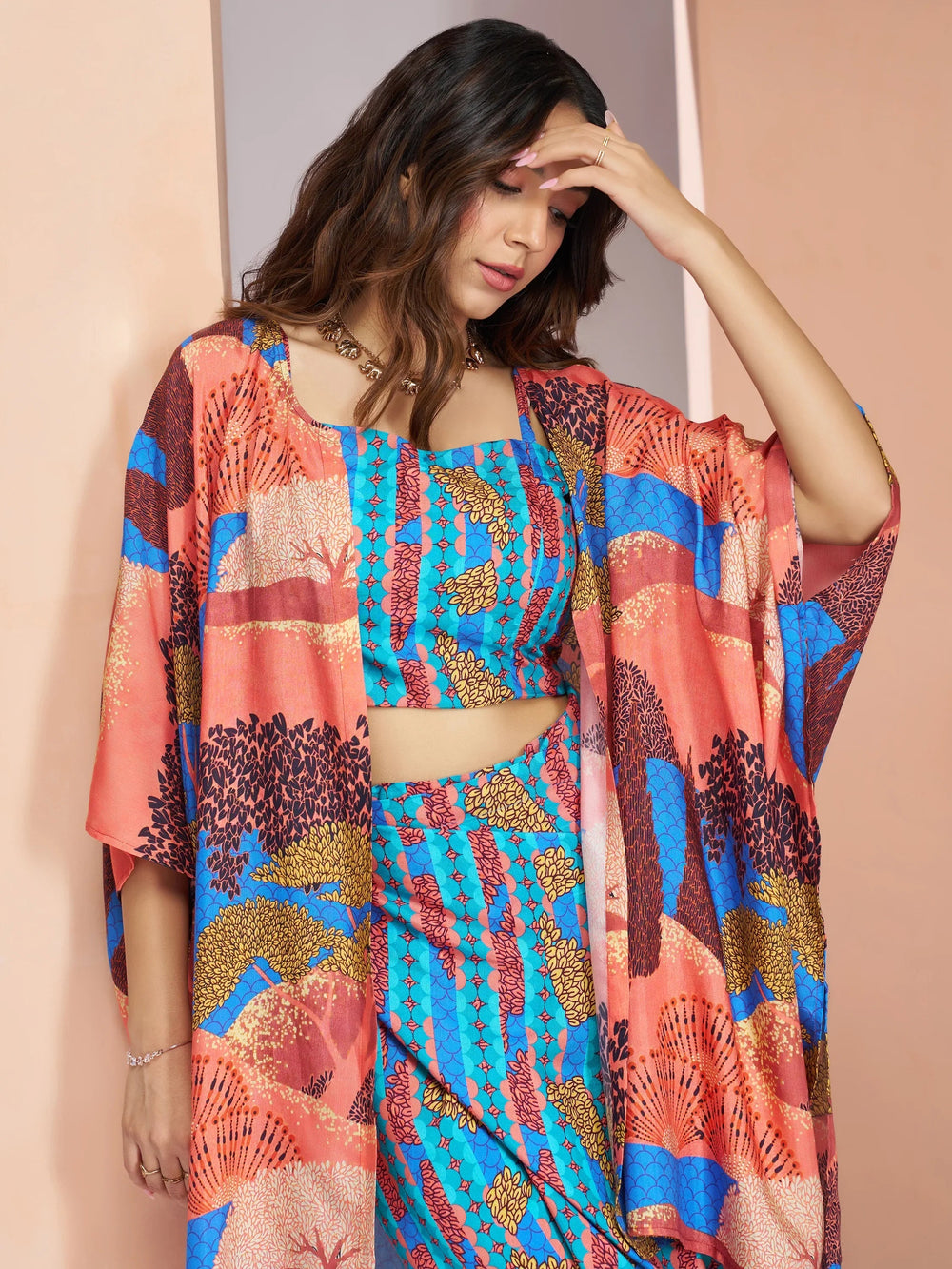 Aqua Blue Digital Printed Silk Party Wear Co-Ord Set