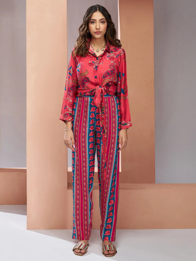 Coral Pink Digital Printed Silk Office Wear Co-Ord Set