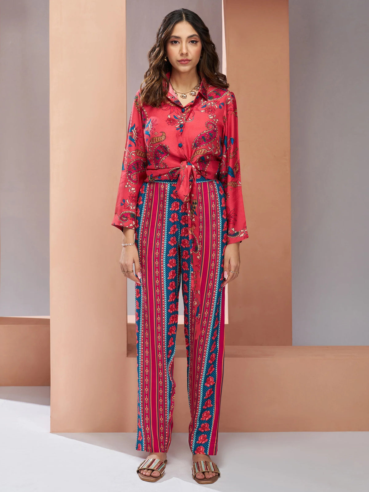 Coral Pink Digital Printed Silk Office Wear Co-Ord Set