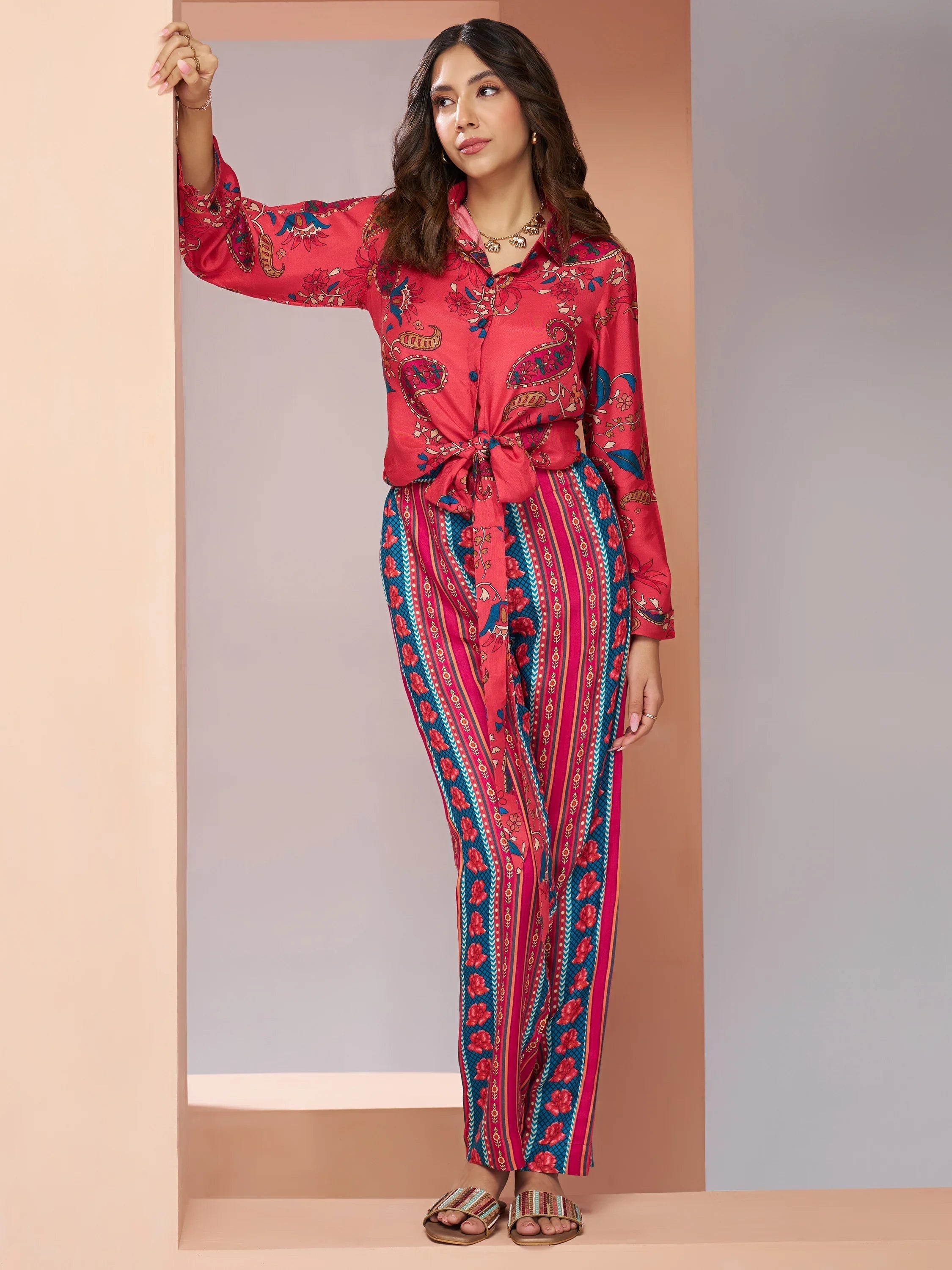 Coral Pink Digital Printed Silk Office Wear Co-Ord Set