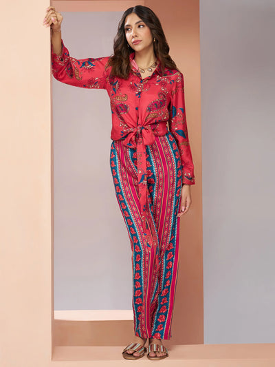 Coral Pink Digital Printed Silk Office Wear Co-Ord Set