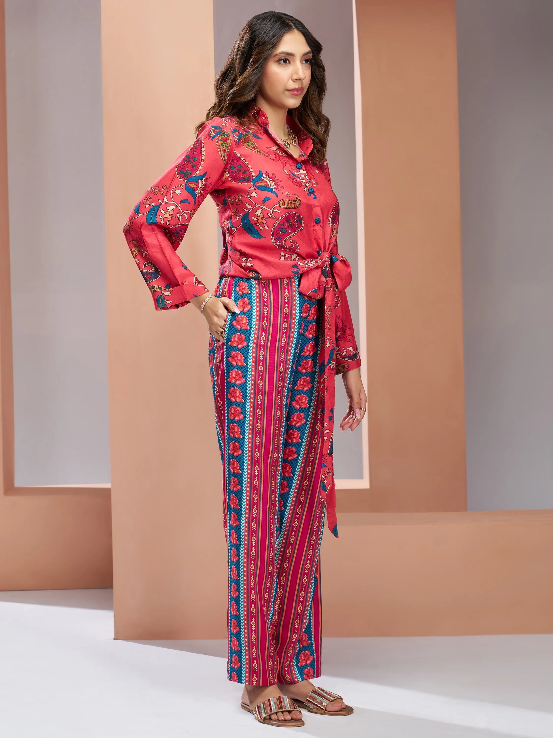 Coral Pink Digital Printed Silk Office Wear Co-Ord Set