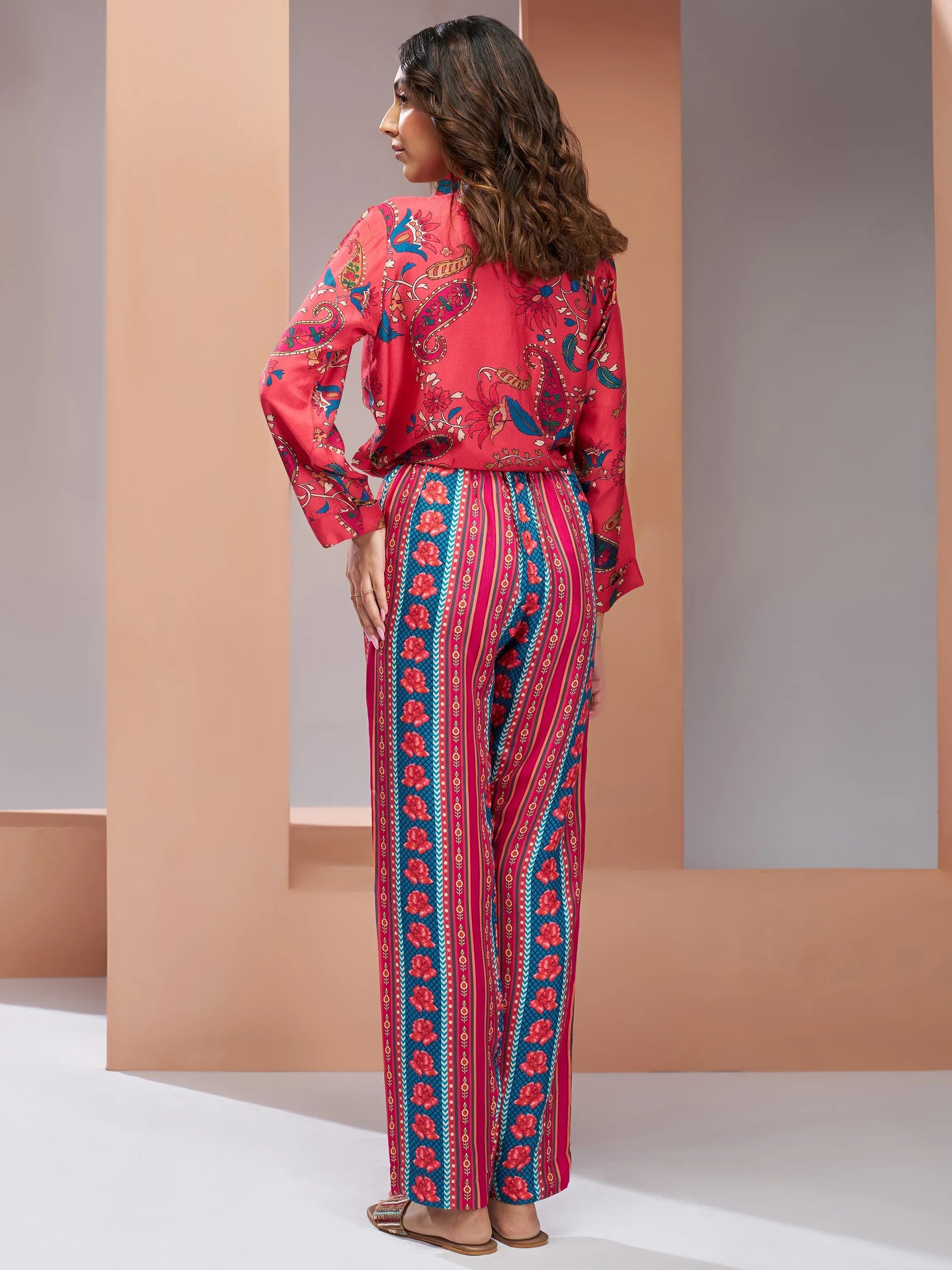 Coral Pink Digital Printed Silk Office Wear Co-Ord Set