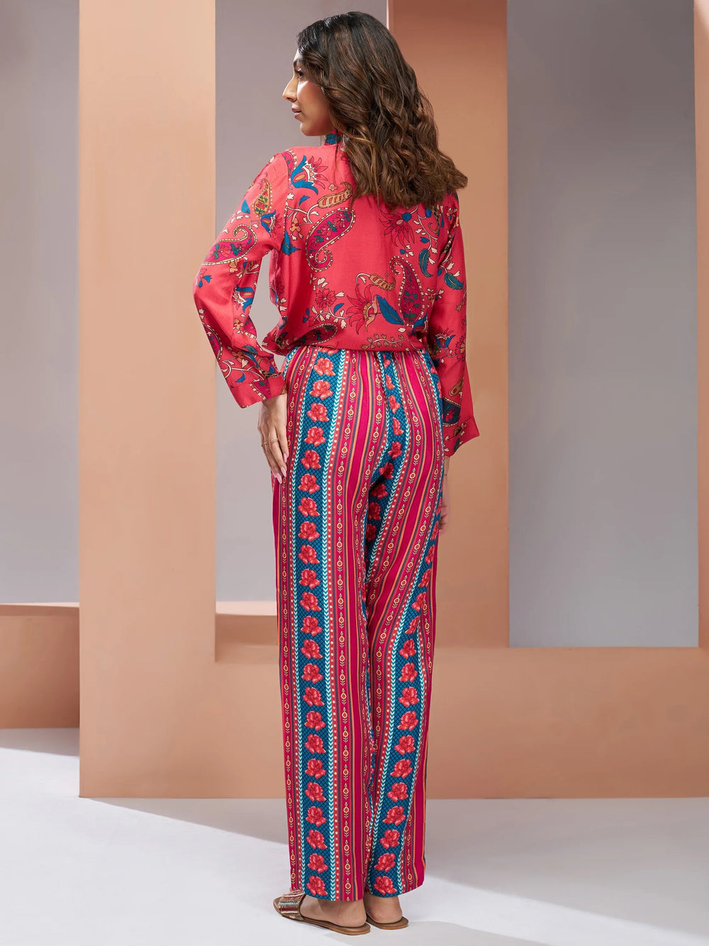 Coral Pink Digital Printed Silk Office Wear Co-Ord Set