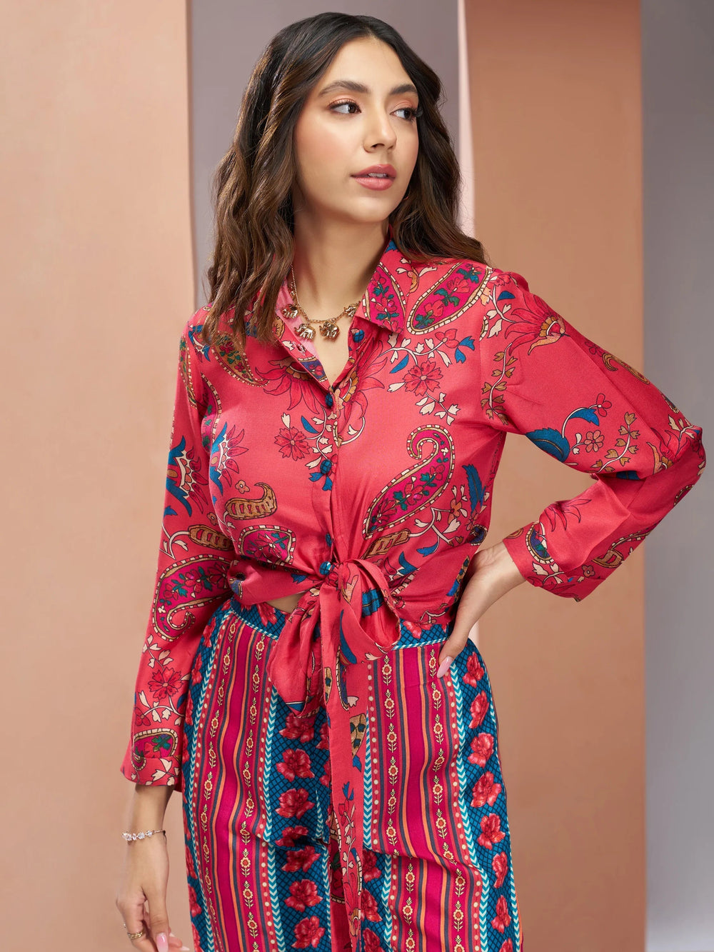 Coral Pink Digital Printed Silk Office Wear Co-Ord Set