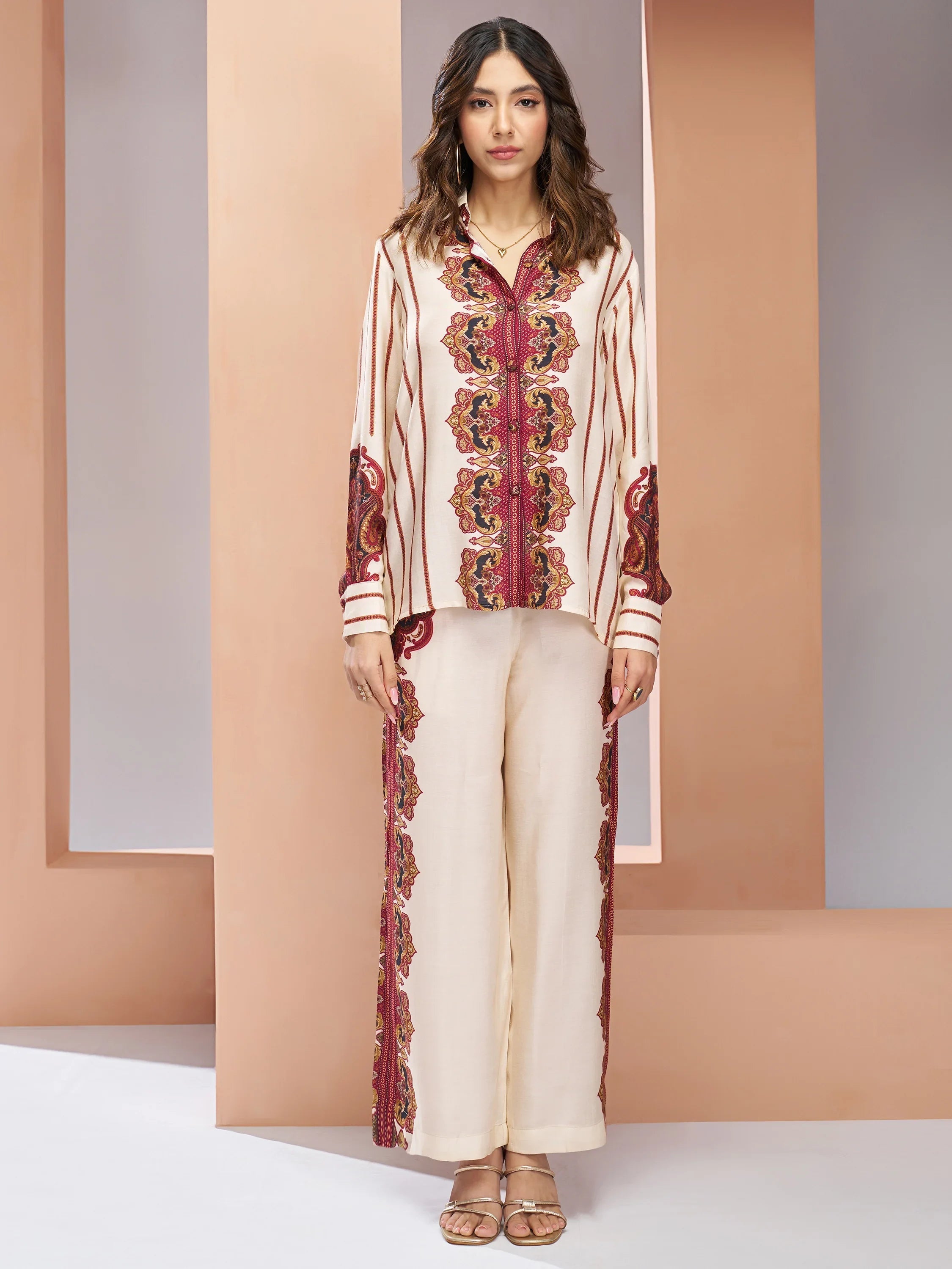 Cream Digital Printed Muslin Silk Casual Wear Co-Ord Set