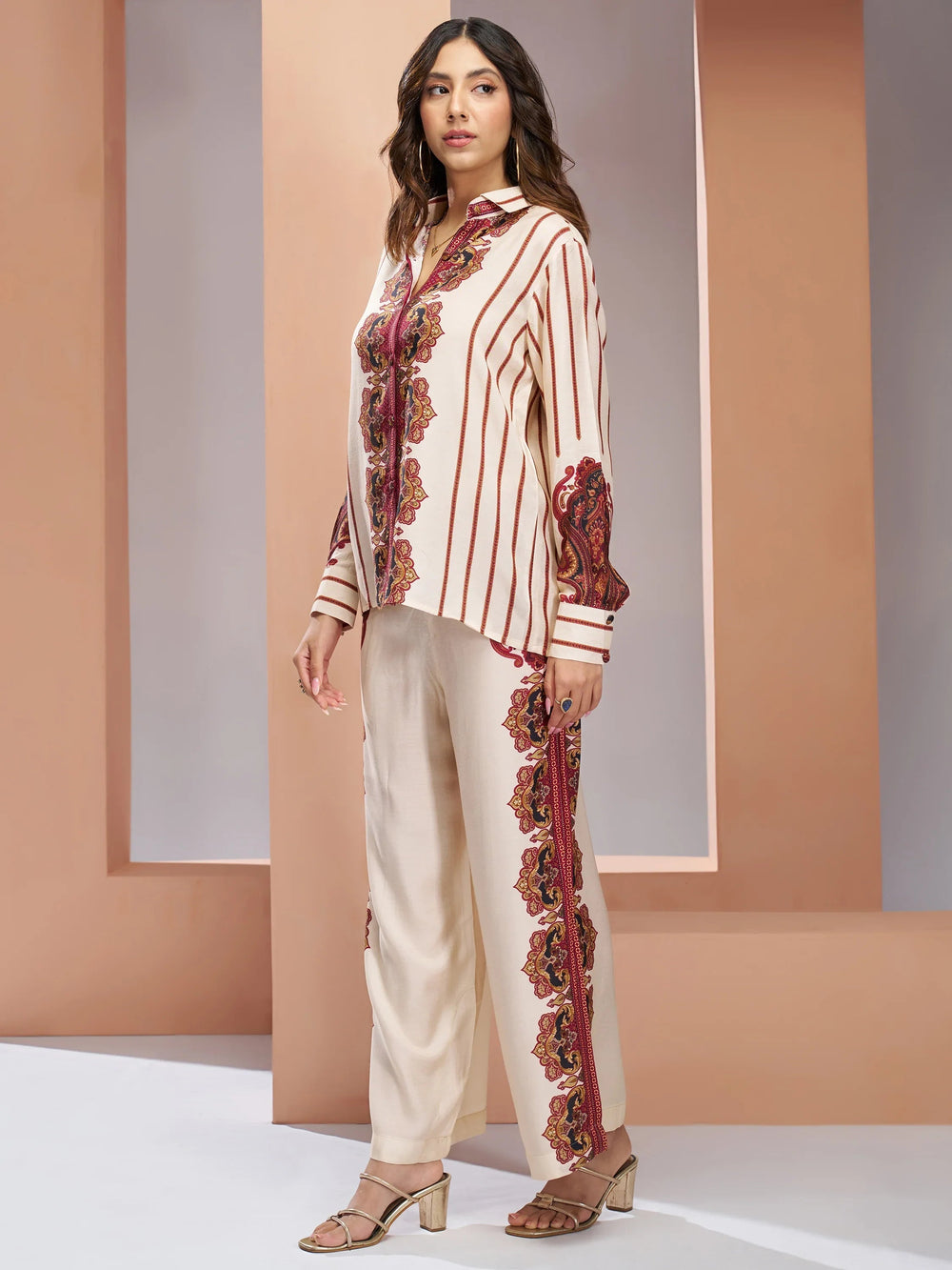 Cream Digital Printed Muslin Silk Casual Wear Co-Ord Set