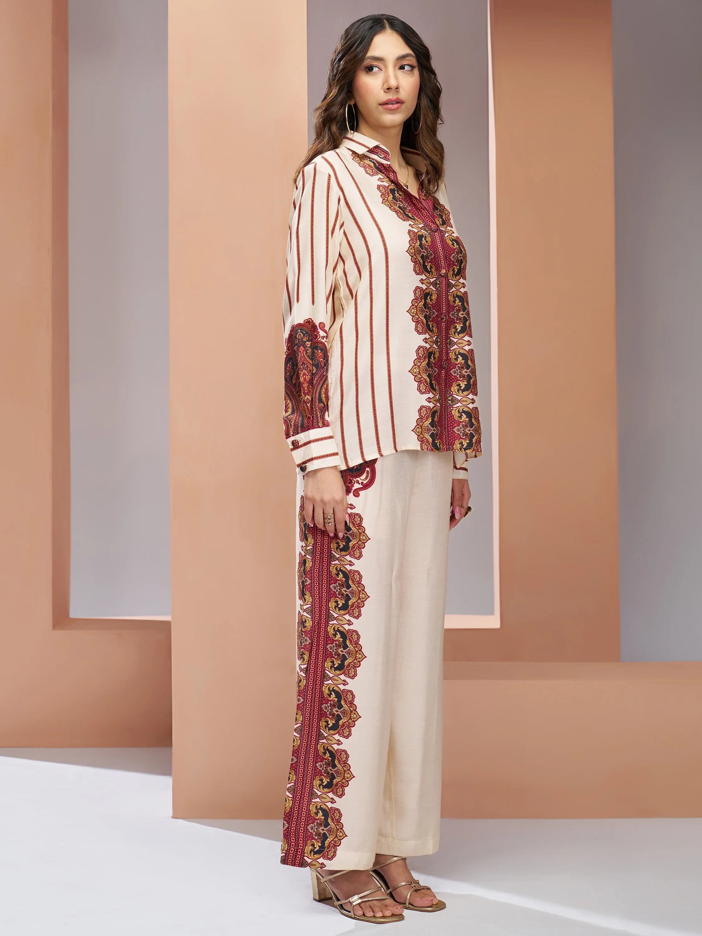Cream Digital Printed Muslin Silk Casual Wear Co-Ord Set