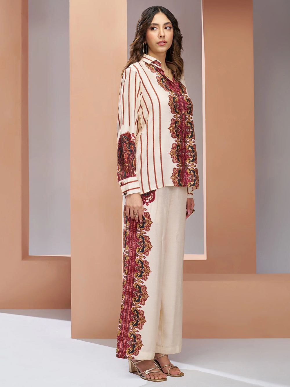 Cream Digital Printed Muslin Silk Casual Wear Co-Ord Set