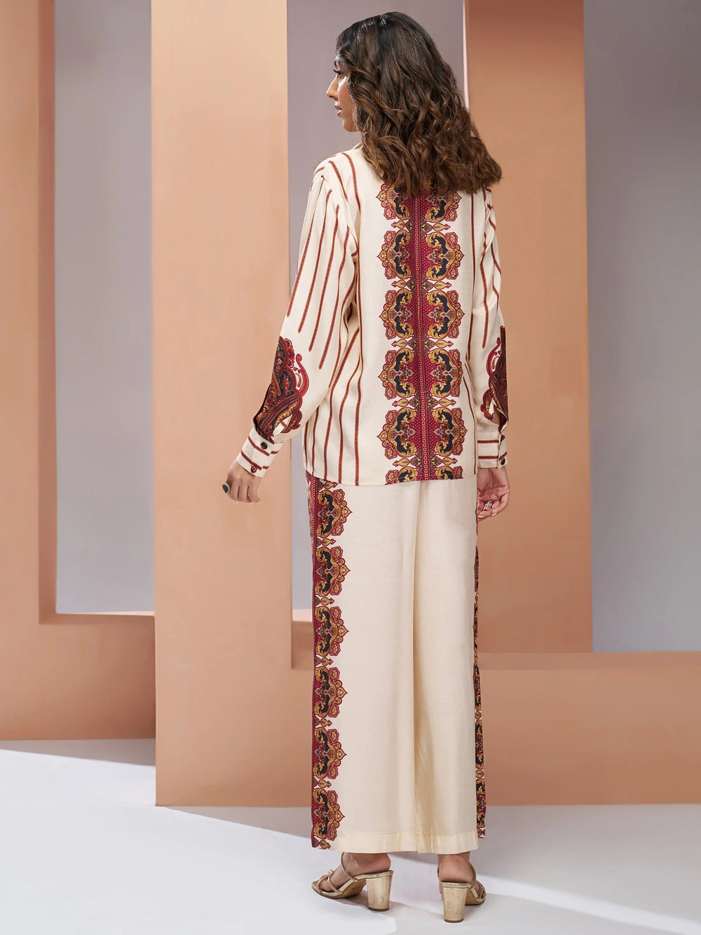 Cream Digital Printed Muslin Silk Casual Wear Co-Ord Set