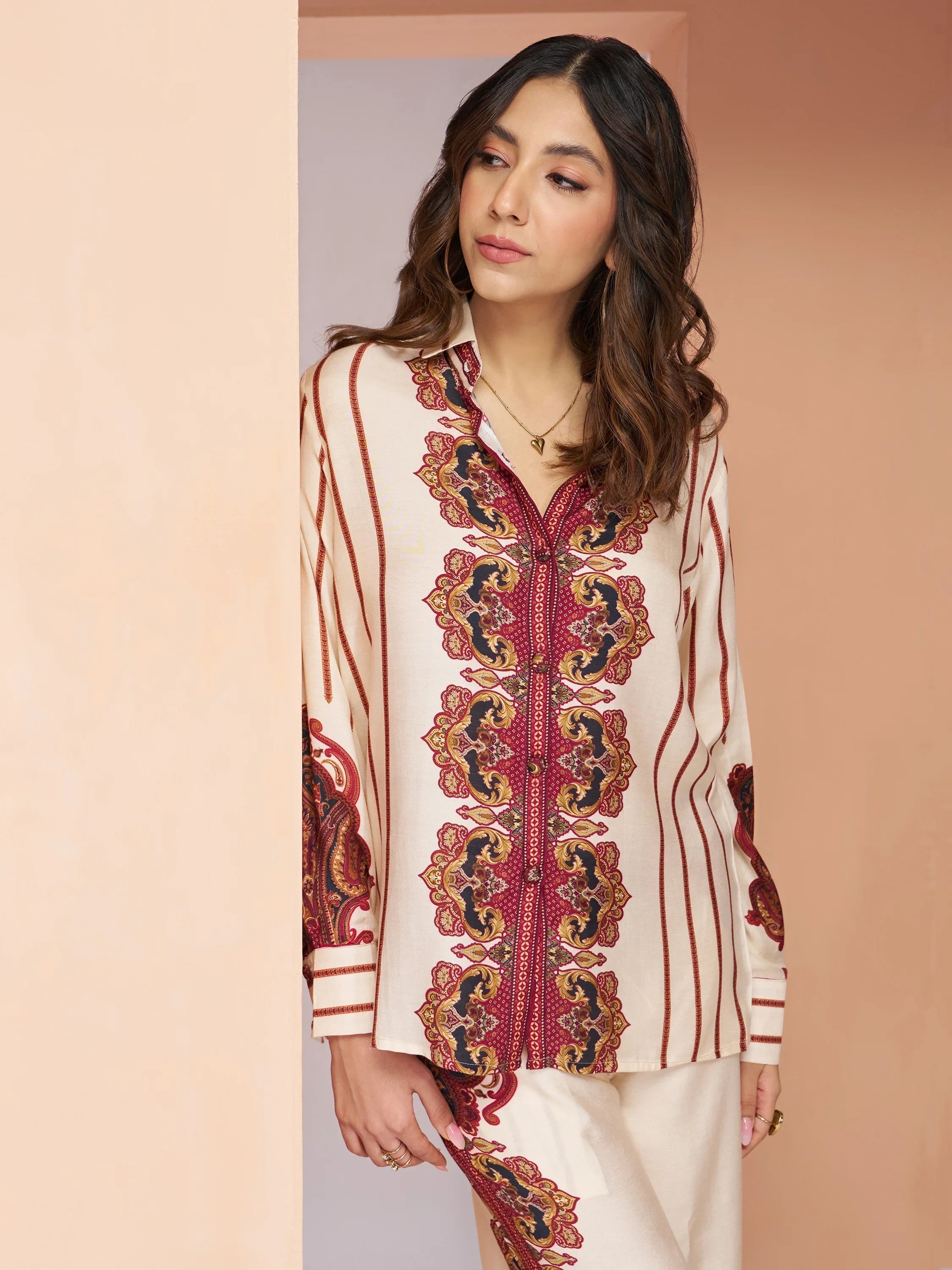 Cream Digital Printed Muslin Silk Casual Wear Co-Ord Set