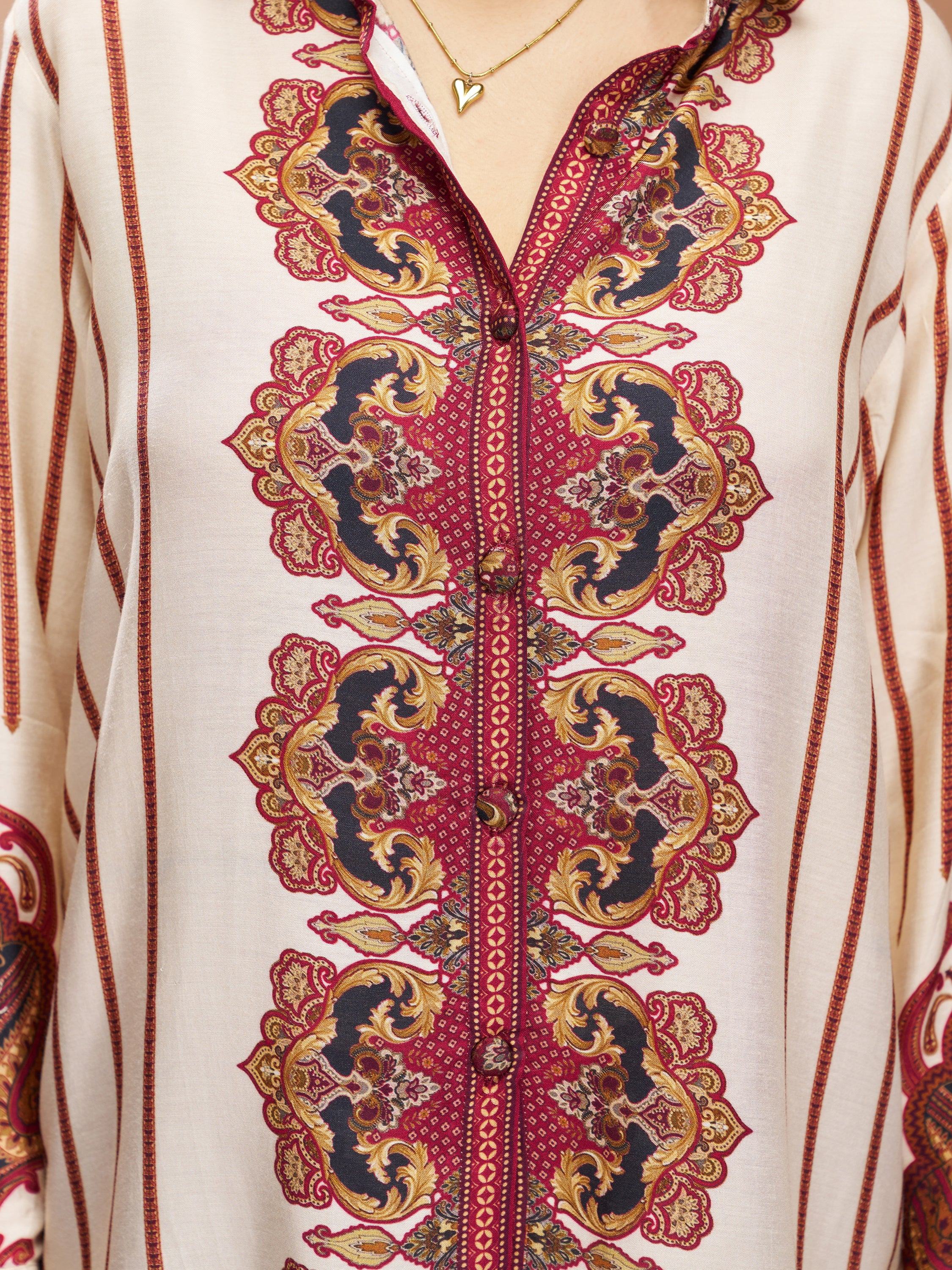 Cream Digital Printed Muslin Silk Casual Wear Co-Ord Set
