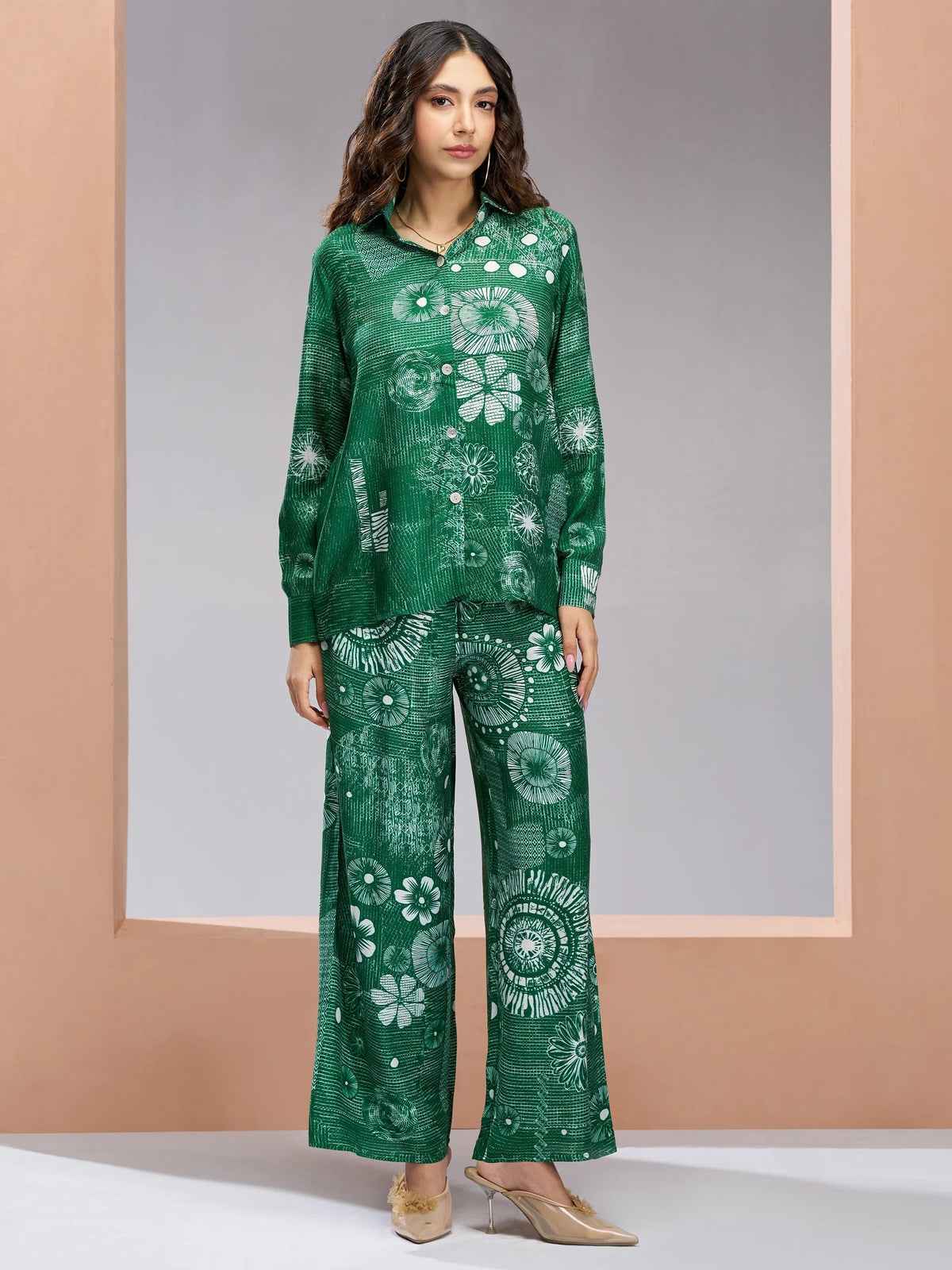 Dark Green Digital Printed Muslin Silk Casual Wear Co-Ord Set