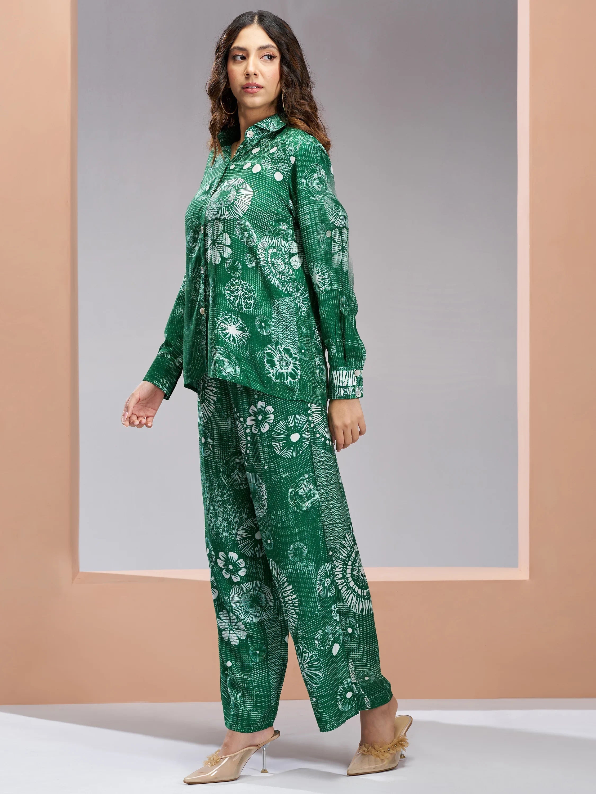 Dark Green Digital Printed Muslin Silk Casual Wear Co-Ord Set