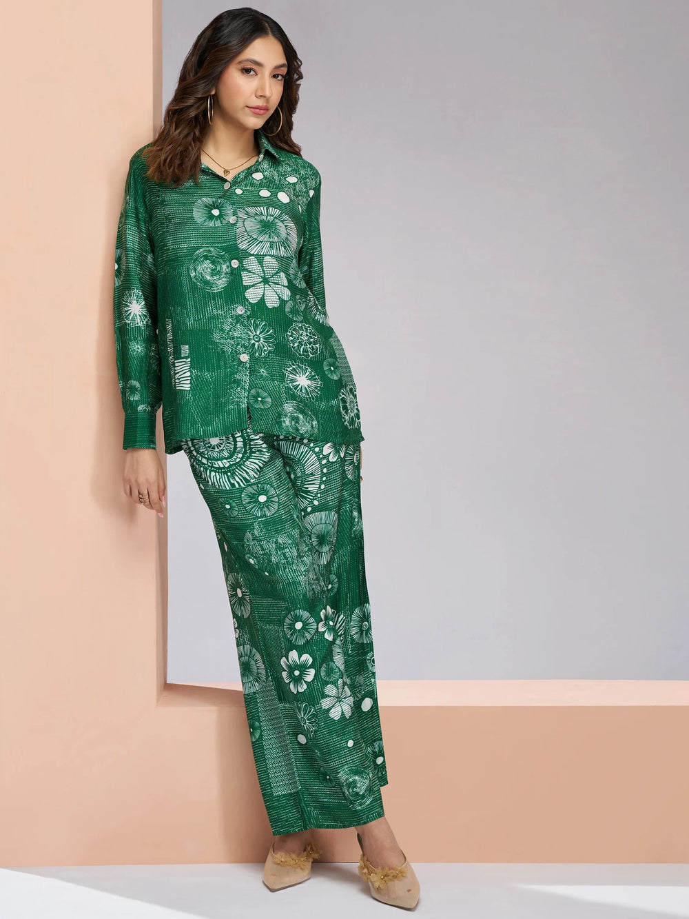 Dark Green Digital Printed Muslin Silk Casual Wear Co-Ord Set
