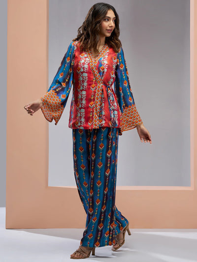 Navy Blue Digital Printed Muslin Silk Party Wear Co-Ord Set