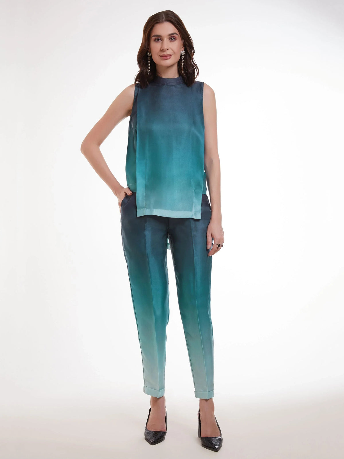 Ombre Blue Printed Satin Party Wear Co-Ord Set