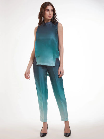 Ombre Blue Printed Satin Party Wear Co-Ord Set