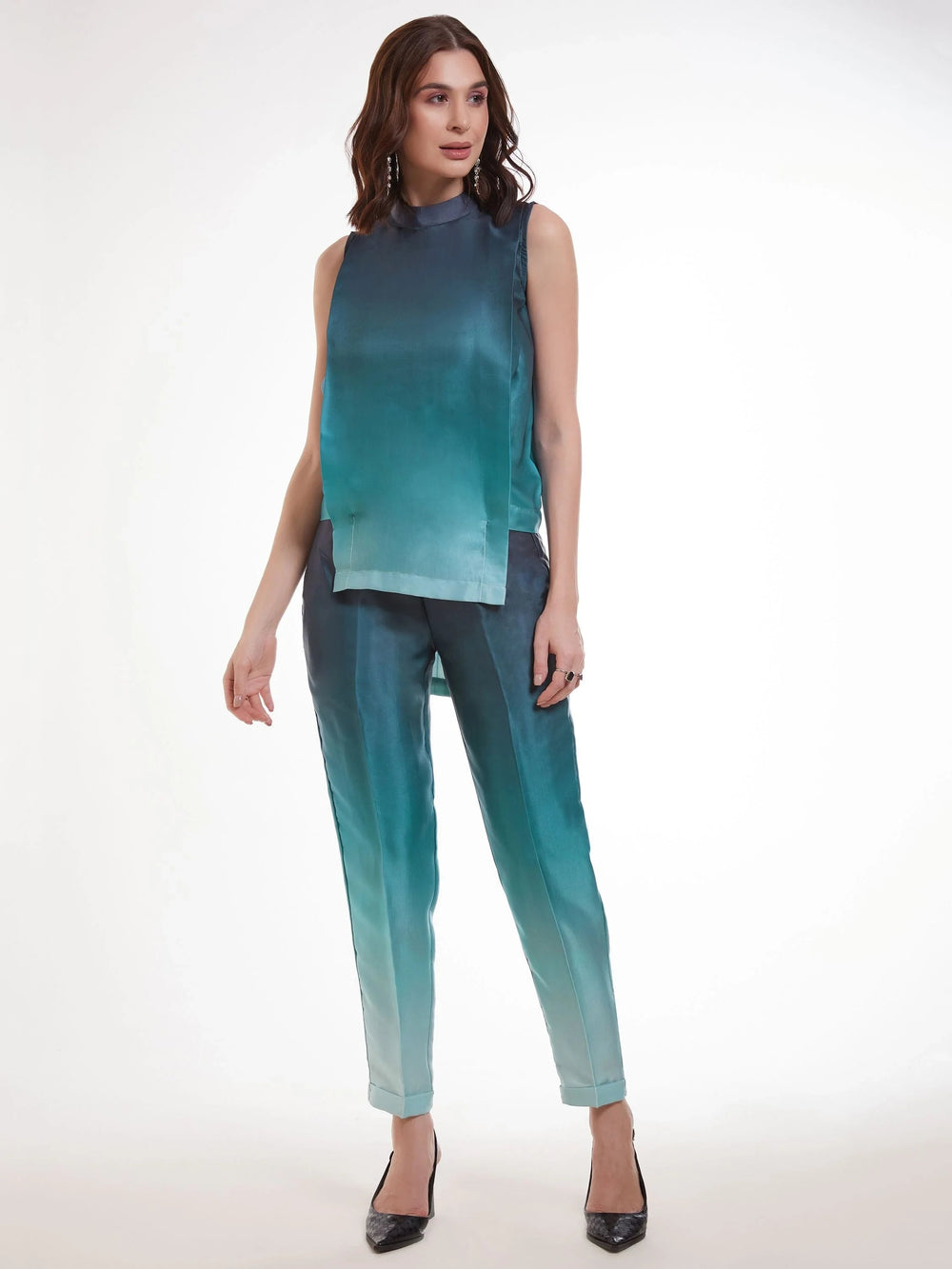 Ombre Blue Printed Satin Party Wear Co-Ord Set