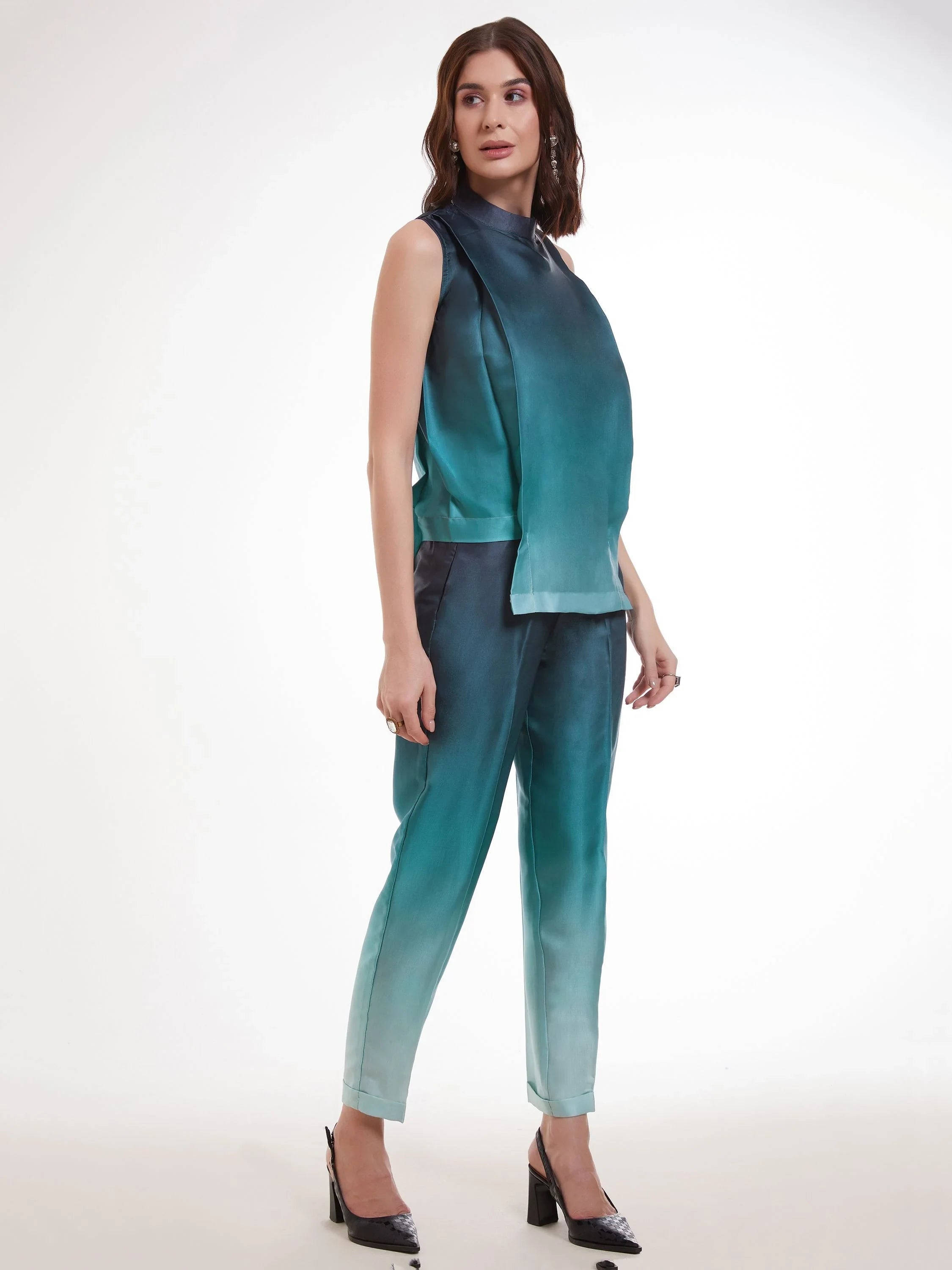 Ombre Blue Printed Satin Party Wear Co-Ord Set