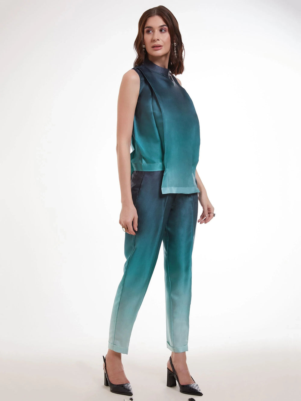Ombre Blue Printed Satin Party Wear Co-Ord Set