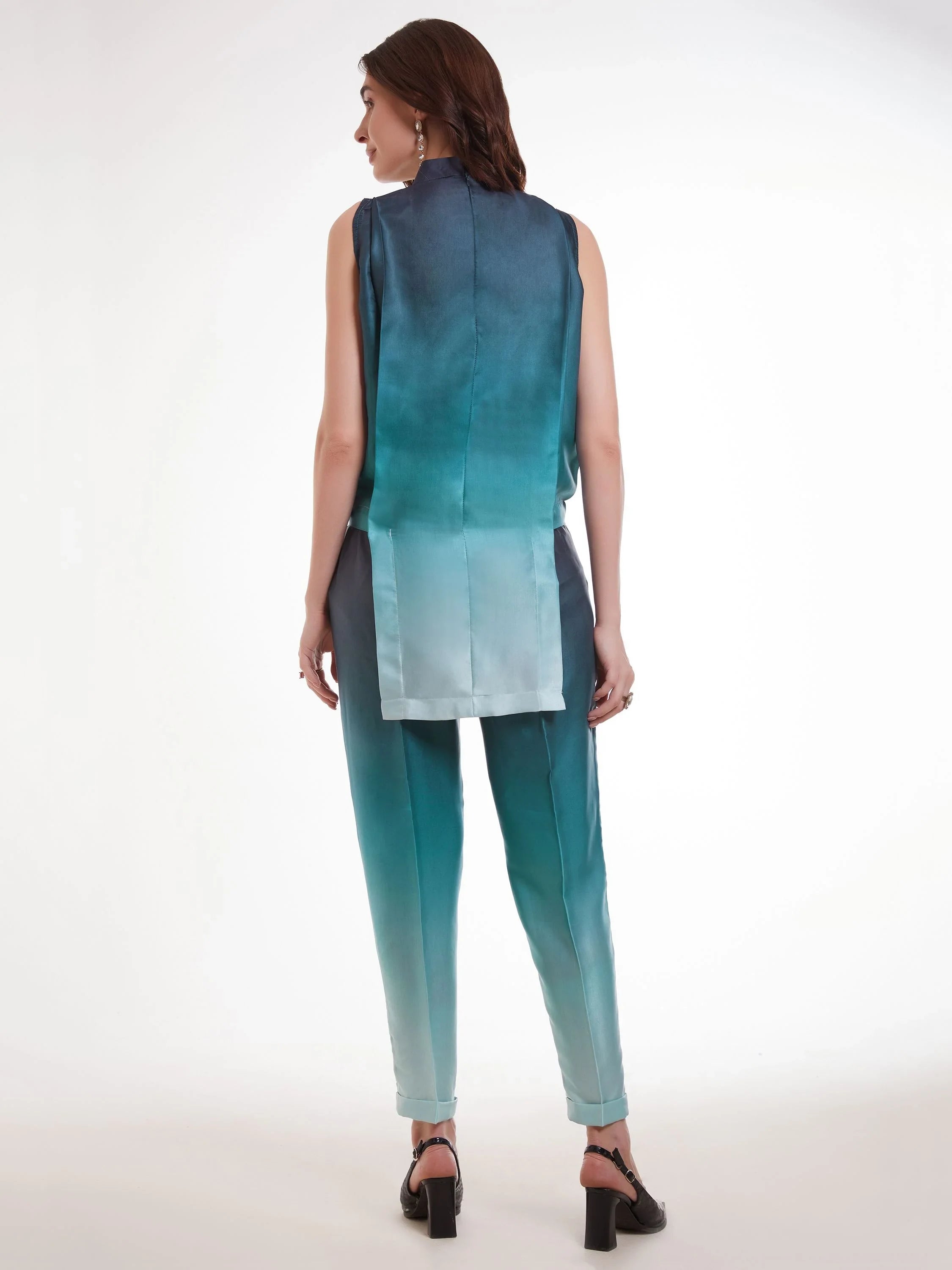 Ombre Blue Printed Satin Party Wear Co-Ord Set