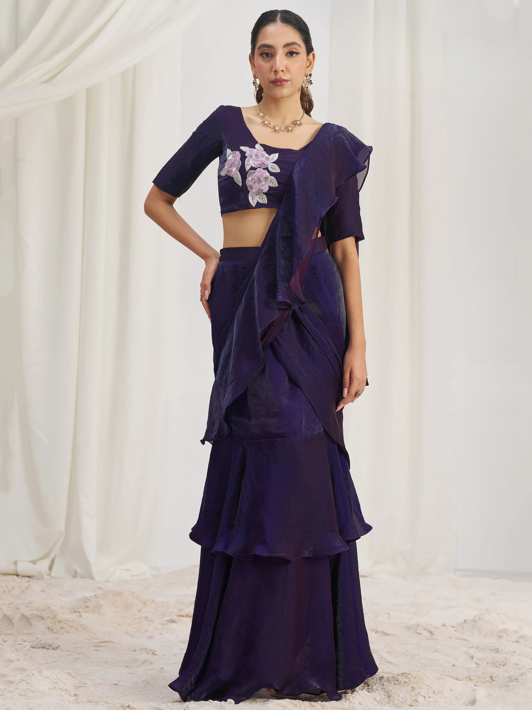 Wine Organza Pre-Stitched Ruffle Saree With Hand Work Blouse