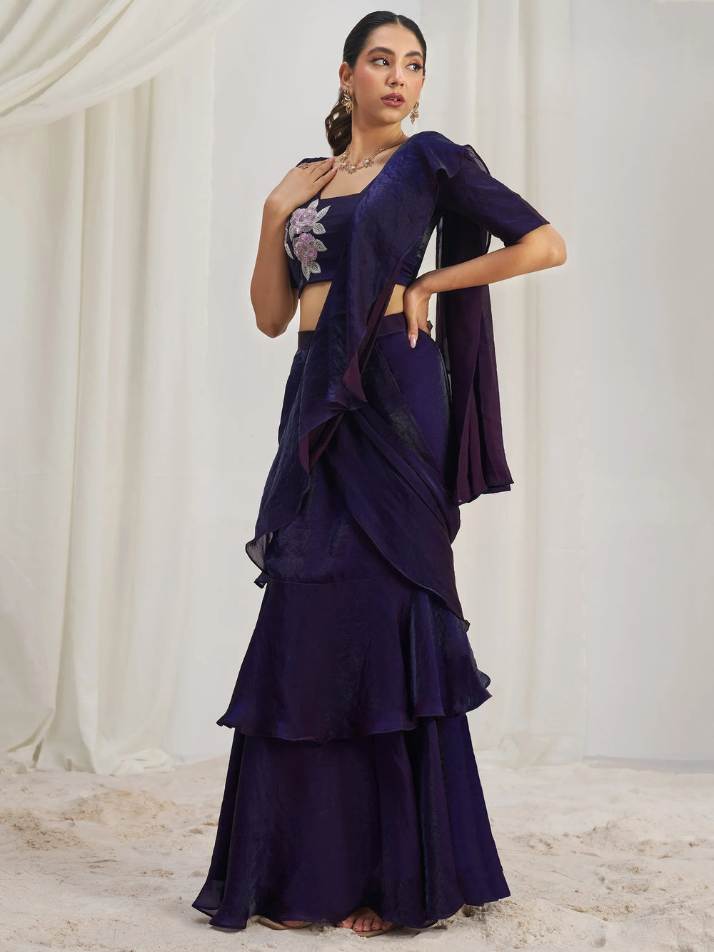 Wine Organza Pre-Stitched Ruffle Saree With Hand Work Blouse