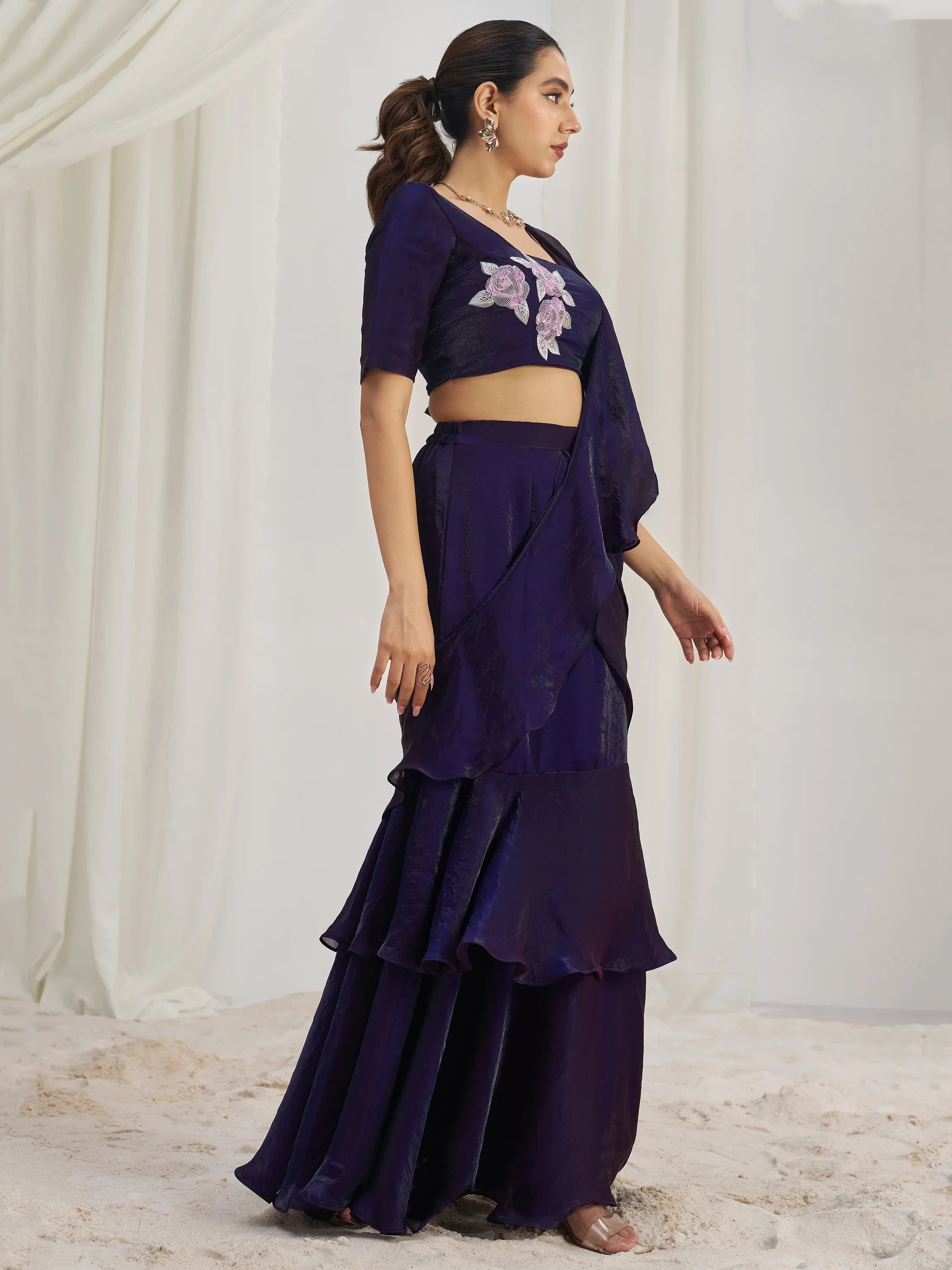 Wine Organza Pre-Stitched Ruffle Saree With Hand Work Blouse