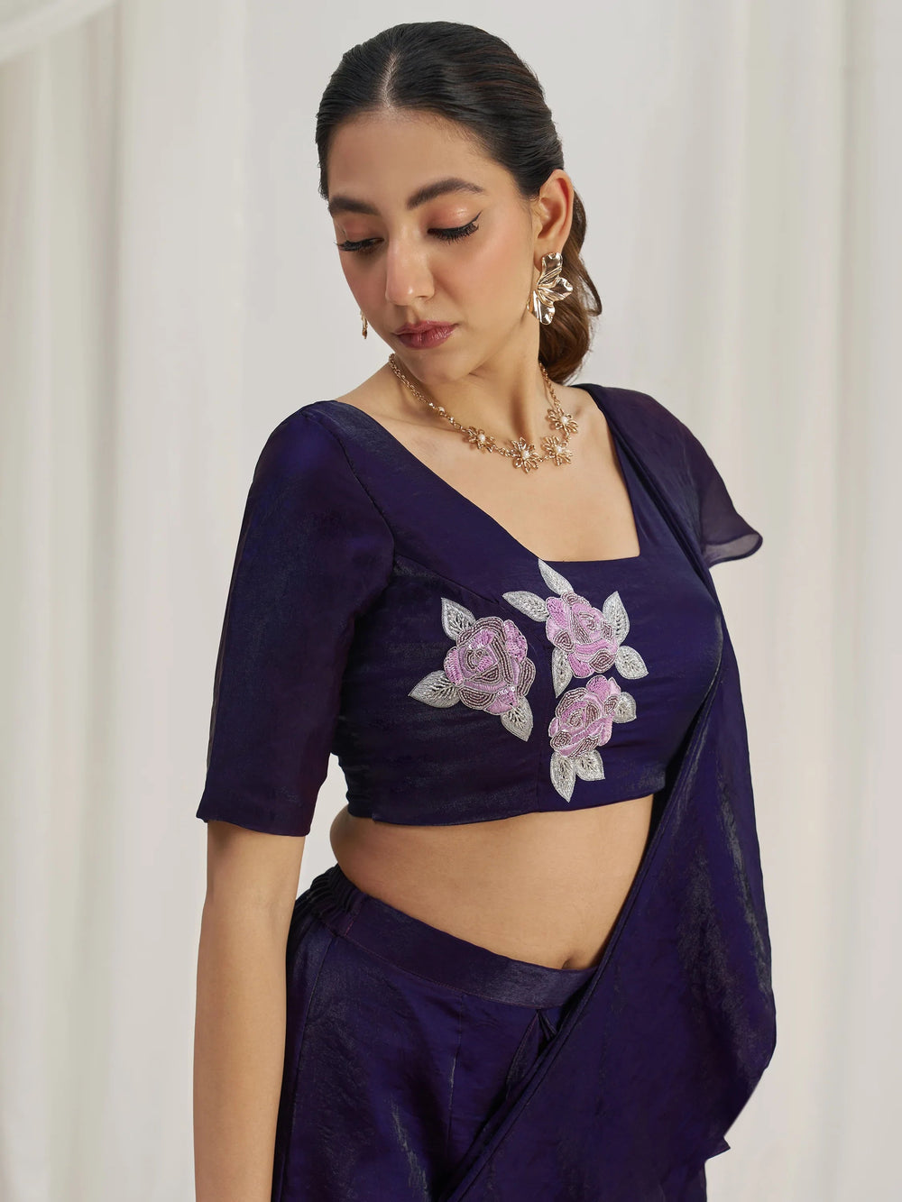 Wine Organza Pre-Stitched Ruffle Saree With Hand Work Blouse