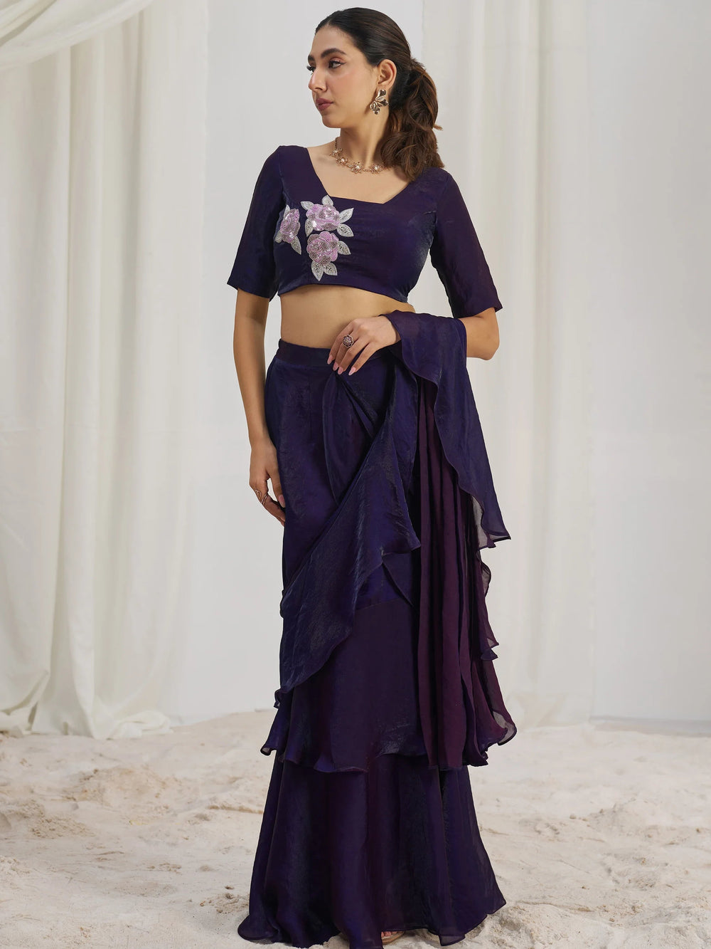 Wine Organza Pre-Stitched Ruffle Saree With Hand Work Blouse