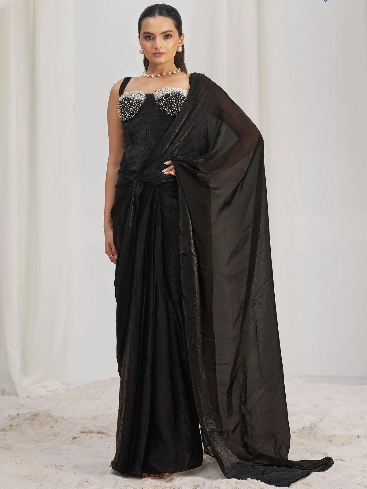 Black Organza Pre-Stitched Ruffle Saree With Hand Work Blouse