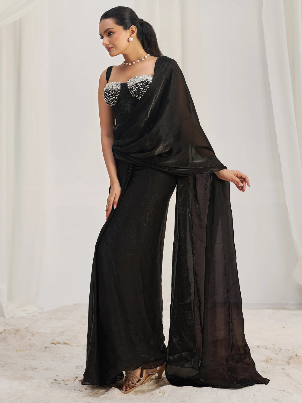 Black Organza Pre-Stitched Ruffle Saree With Hand Work Blouse