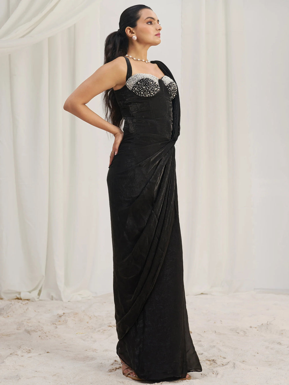 Black Organza Pre-Stitched Ruffle Saree With Hand Work Blouse