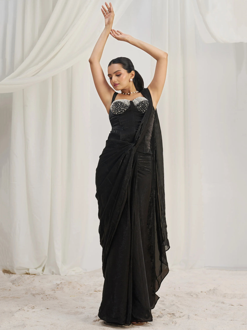 Black Organza Pre-Stitched Ruffle Saree With Hand Work Blouse