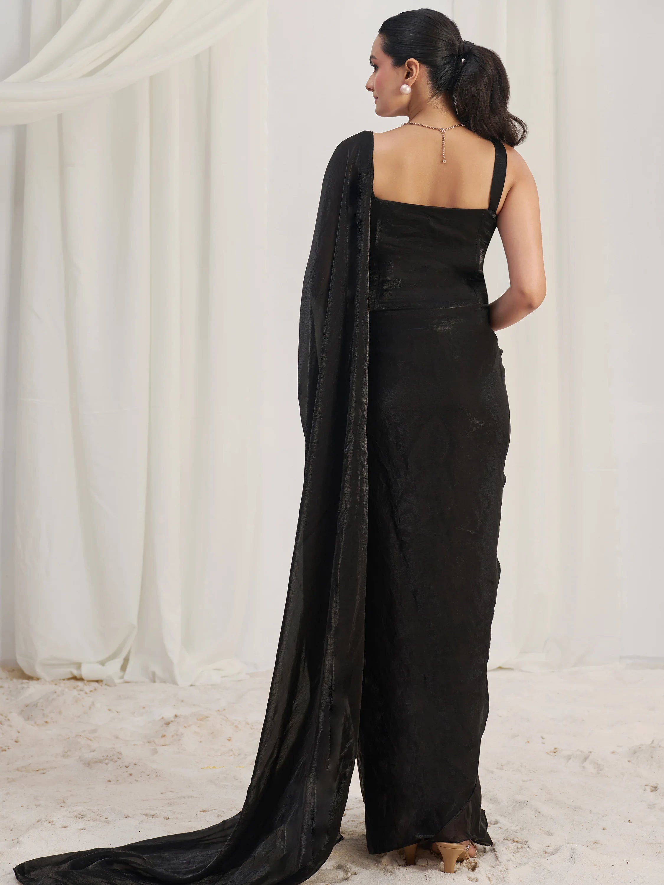 Black Organza Pre-Stitched Ruffle Saree With Hand Work Blouse