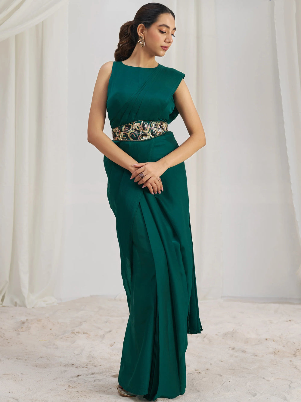 Teal Organza Pre-Stitched Ruffle Saree With Hand Work Blouse