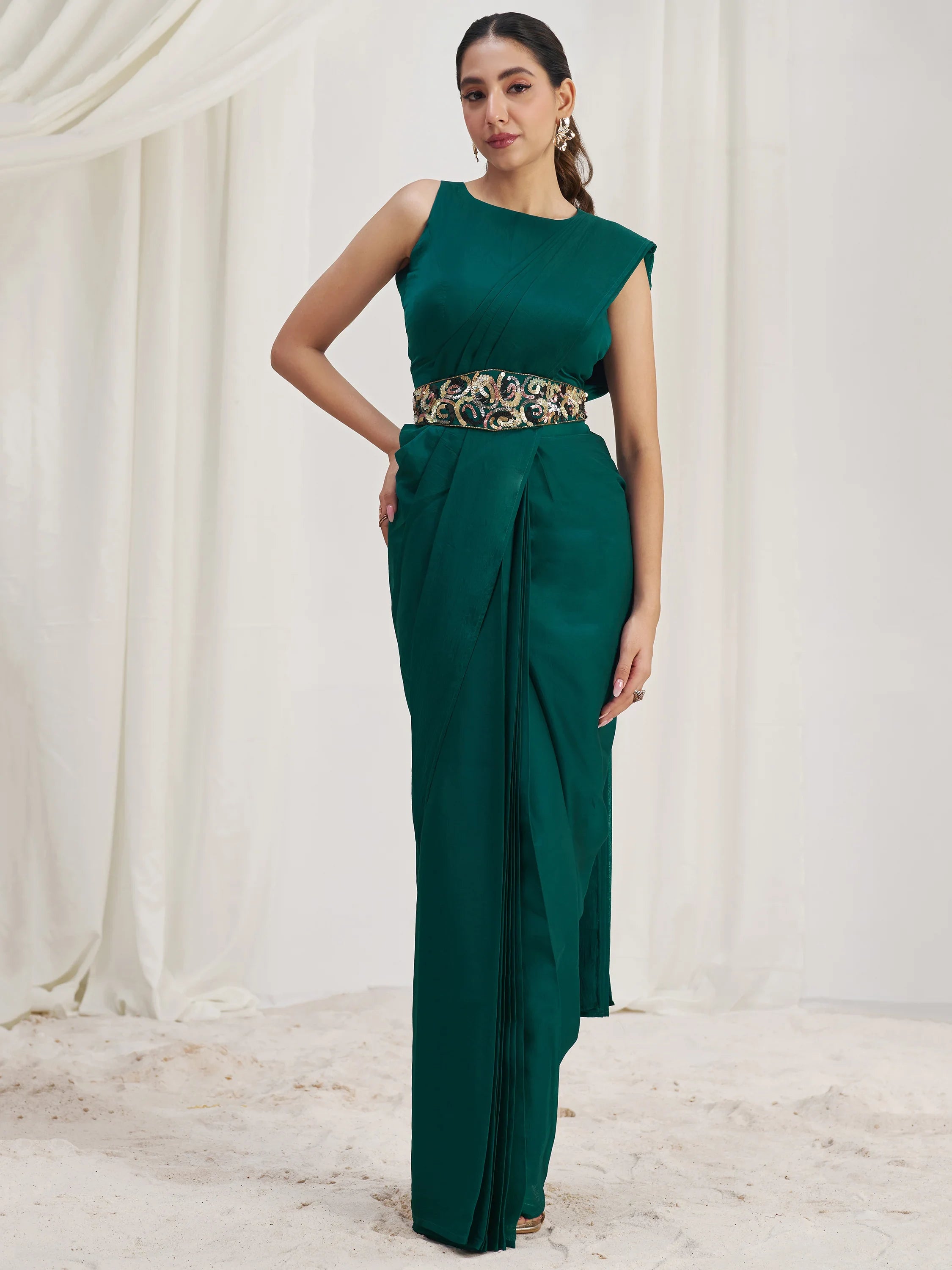 Teal Organza Pre-Stitched Ruffle Saree With Hand Work Blouse