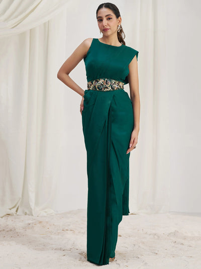 Teal Organza Pre-Stitched Ruffle Saree With Hand Work Blouse