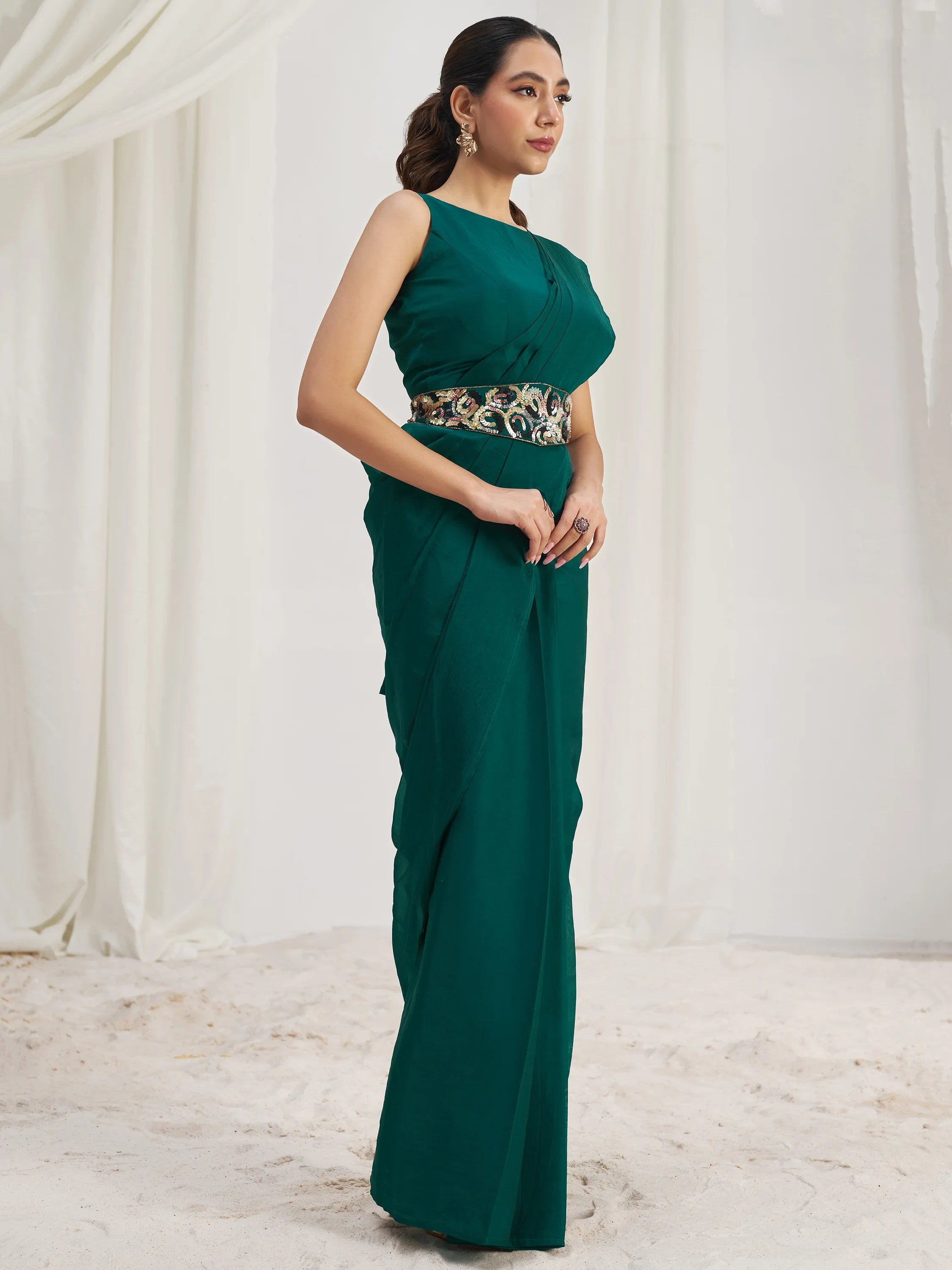 Teal Organza Pre-Stitched Ruffle Saree With Hand Work Blouse