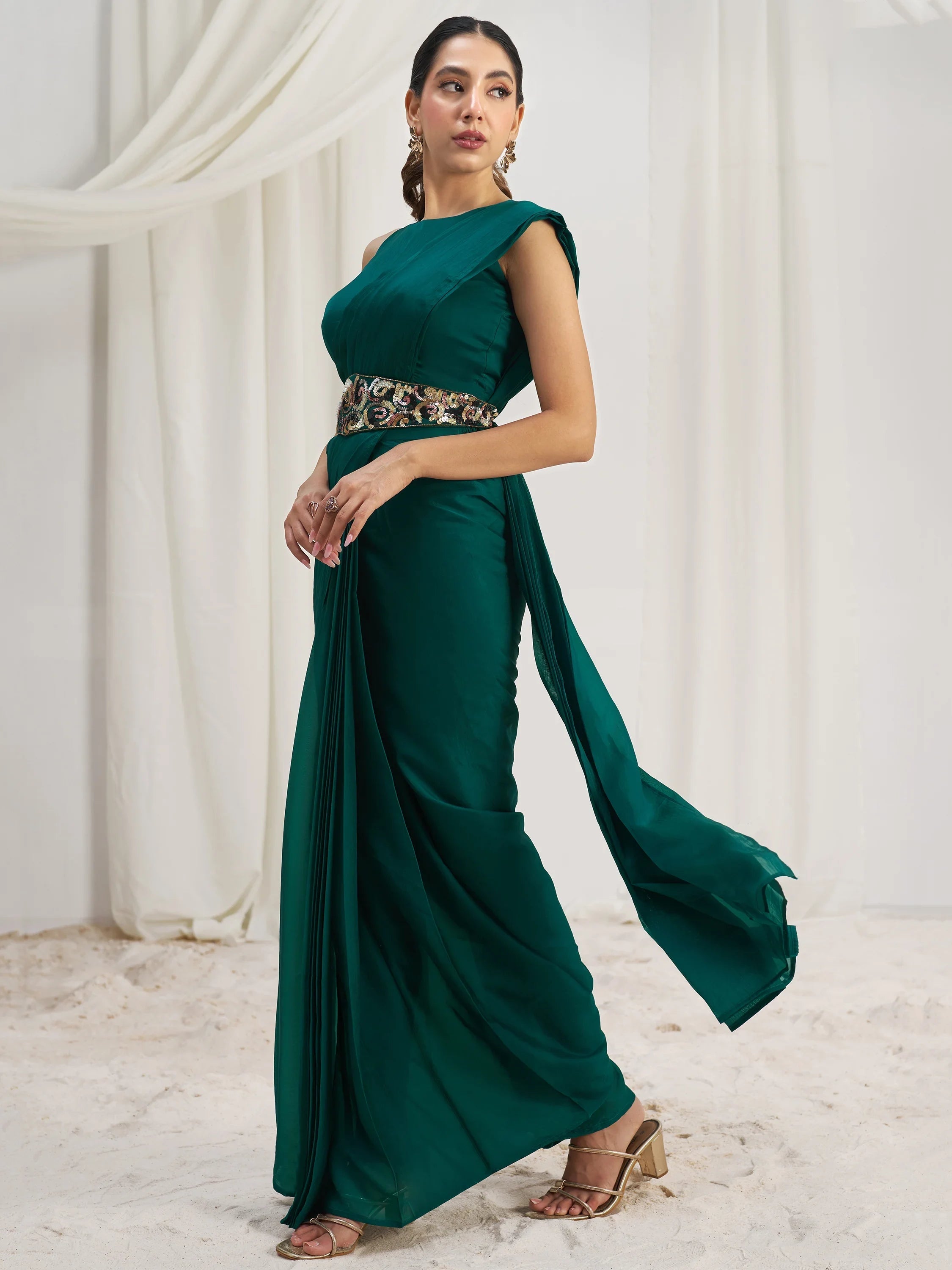 Teal Organza Pre-Stitched Ruffle Saree With Hand Work Blouse