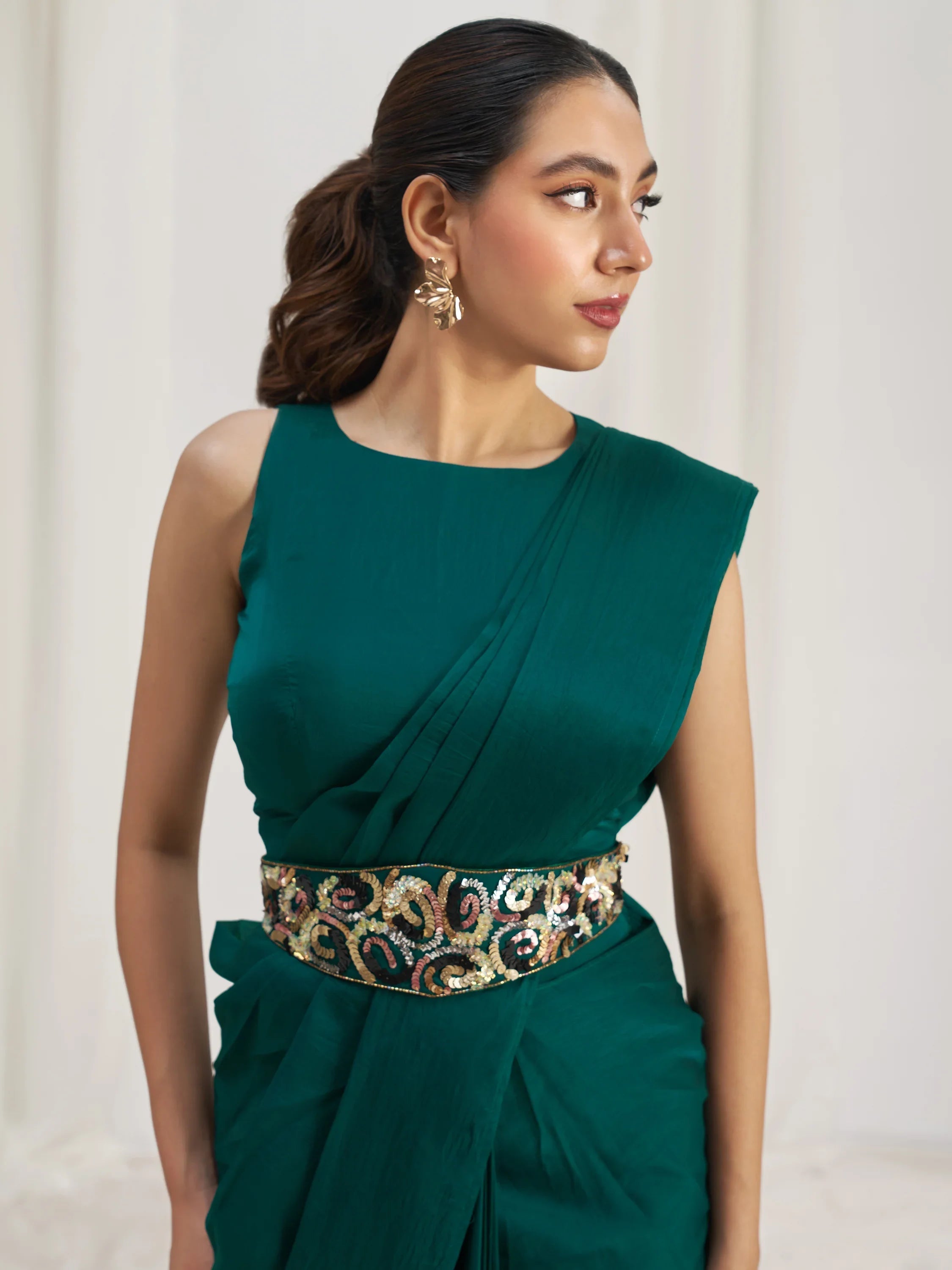 Teal Organza Pre-Stitched Ruffle Saree With Hand Work Blouse