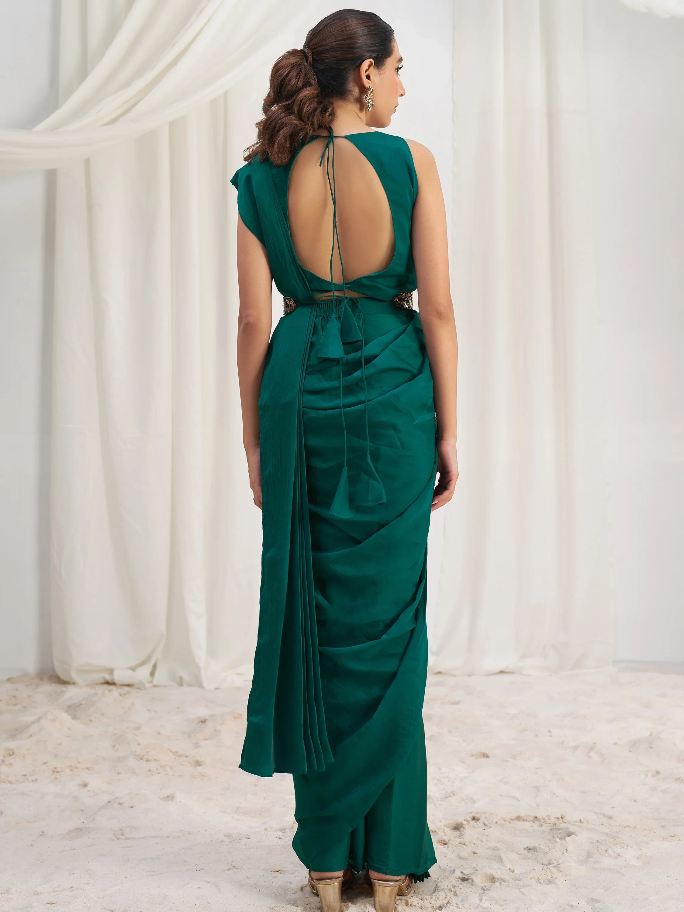 Teal Organza Pre-Stitched Ruffle Saree With Hand Work Blouse