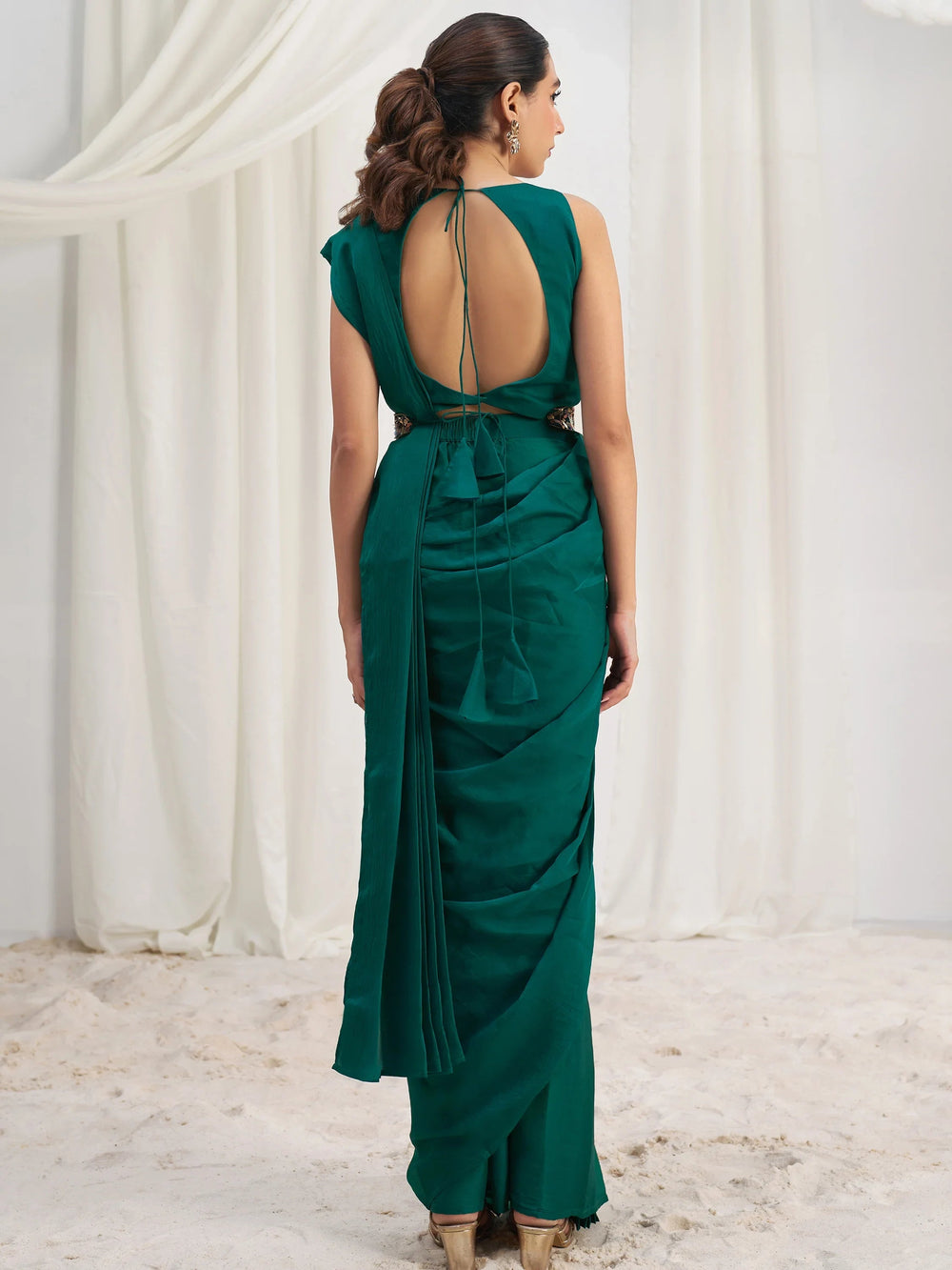 Teal Organza Pre-Stitched Ruffle Saree With Hand Work Blouse