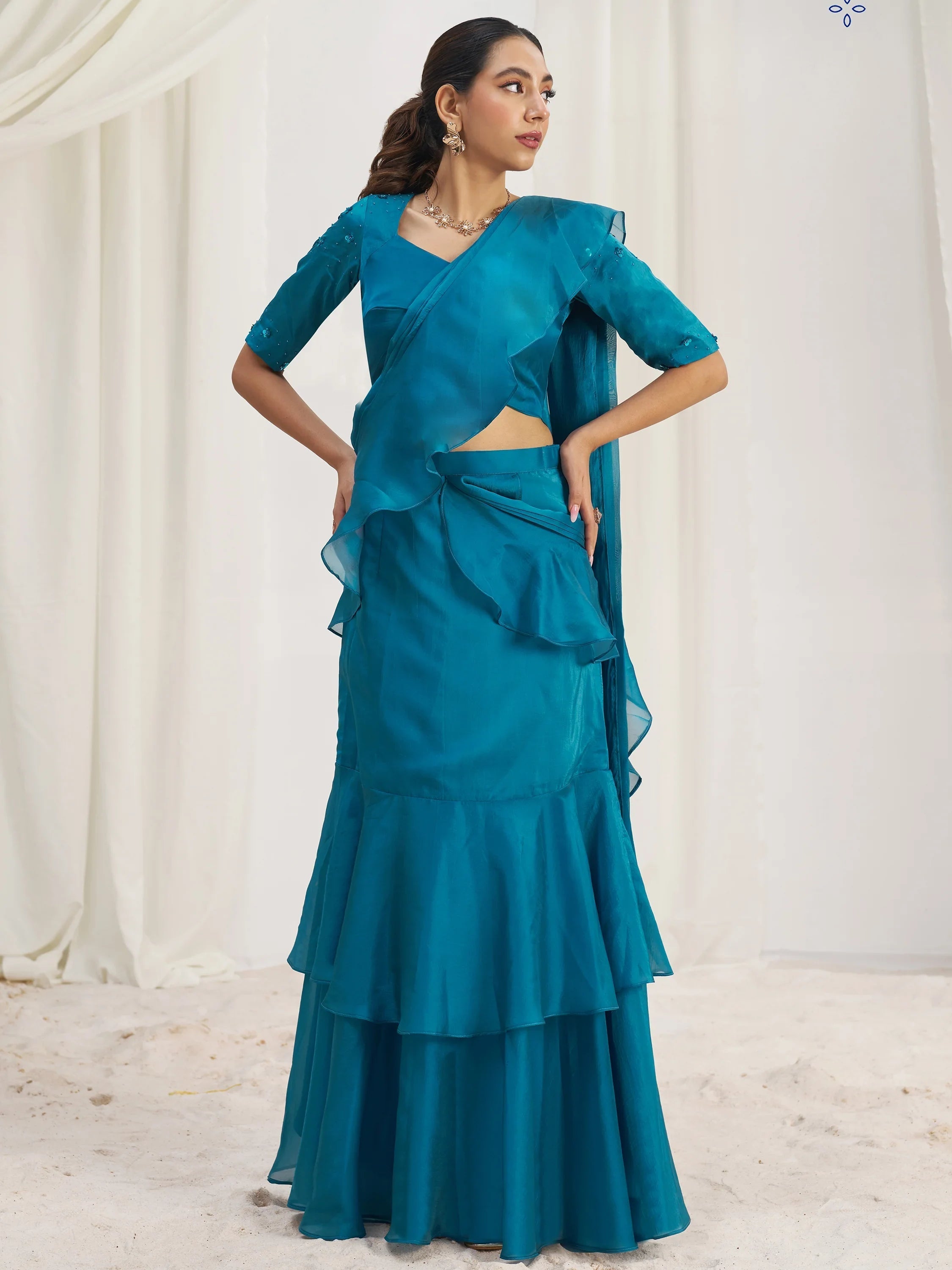 Teal Organza Pre-Stitched Ruffle Saree With Hand Work Blouse