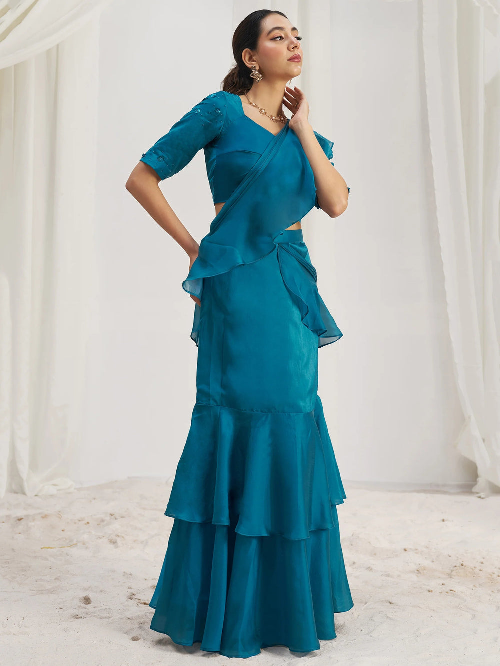 Teal Organza Pre-Stitched Ruffle Saree With Hand Work Blouse
