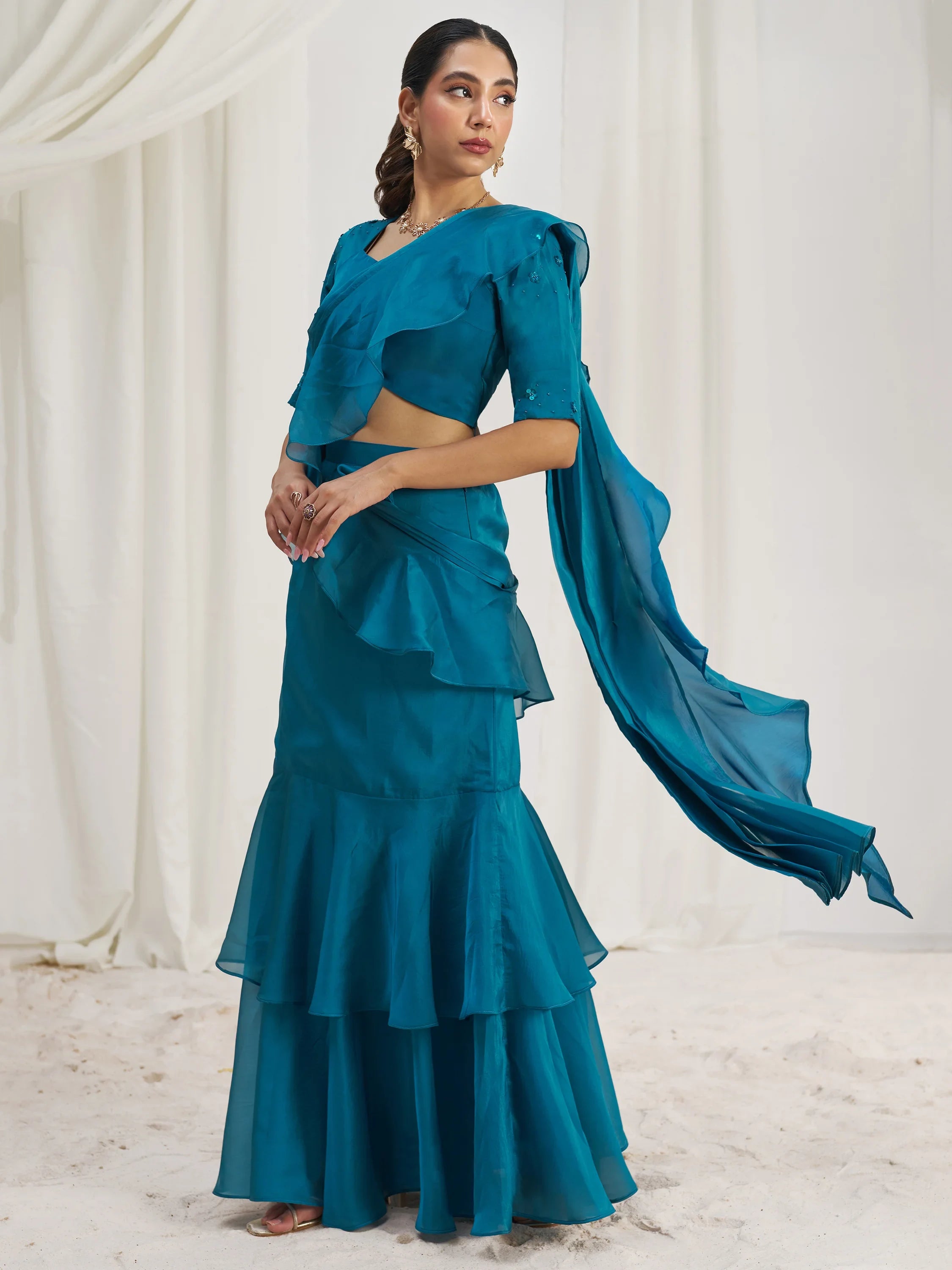 Teal Organza Pre-Stitched Ruffle Saree With Hand Work Blouse