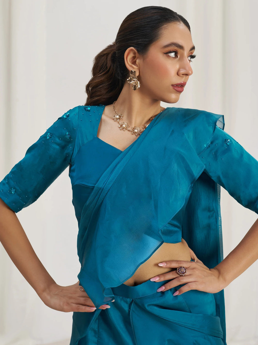 Teal Organza Pre-Stitched Ruffle Saree With Hand Work Blouse